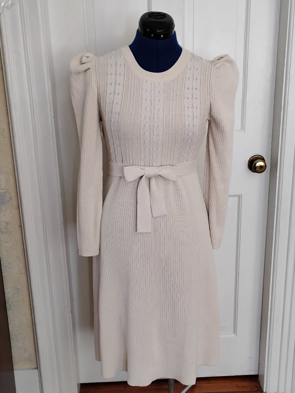 Cream Cable Knit Puff Sleeve Sweater Dress